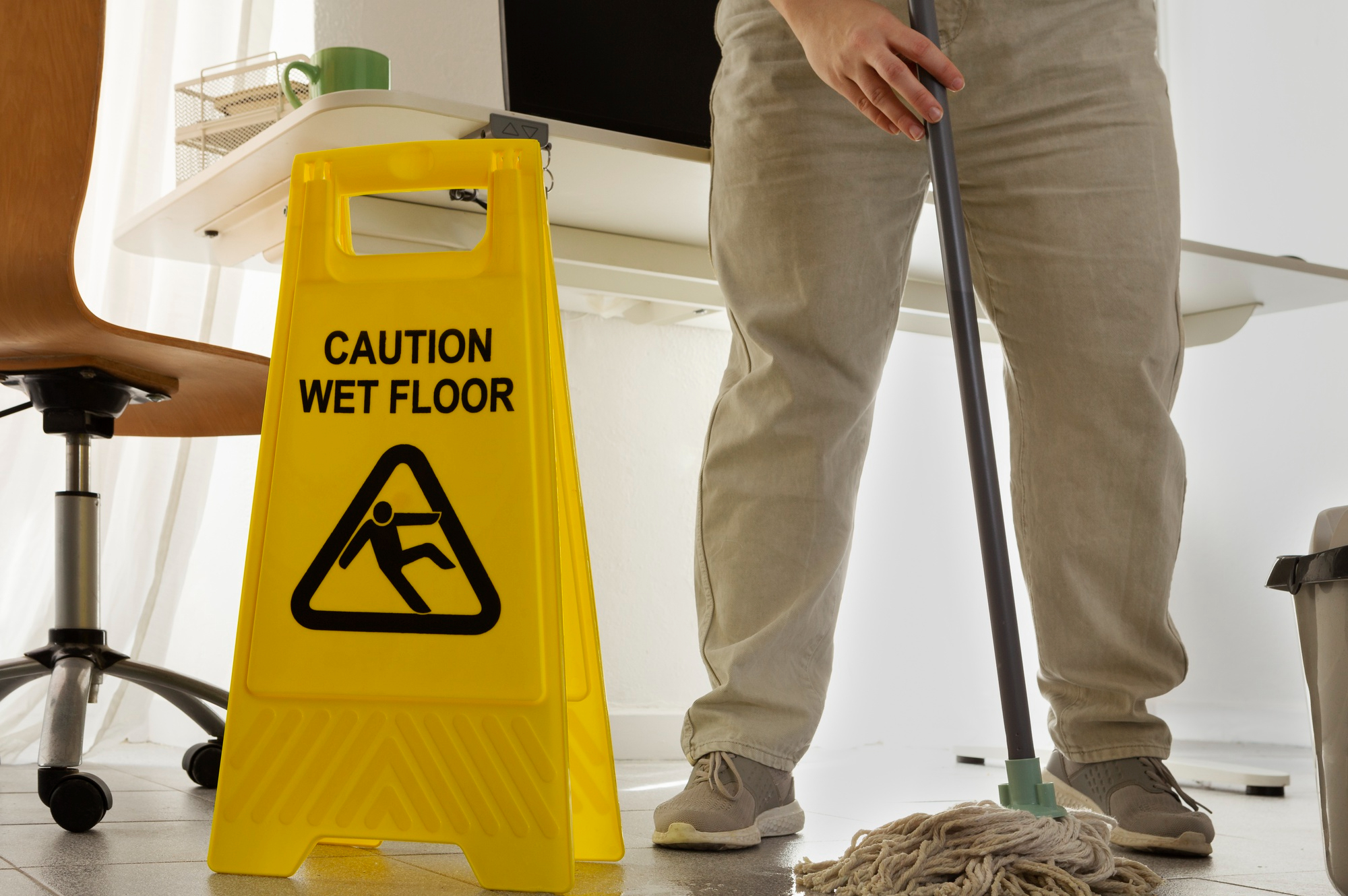 A janitor stands in an office room mopping the floor. A "Caution: Wet Floor" sign is placed next to him.