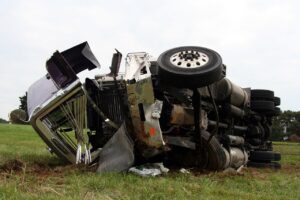 A wrecked truck sits on its side in the middle of a field in Alabama.