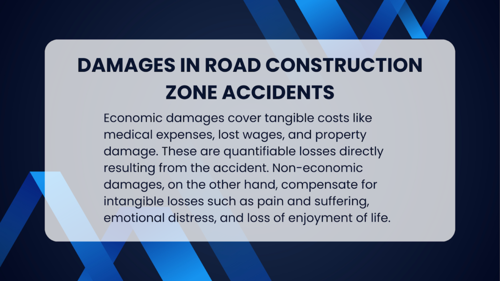 An infographic illustrating damages that victims of road construction zone accidents in Alabama can recover.