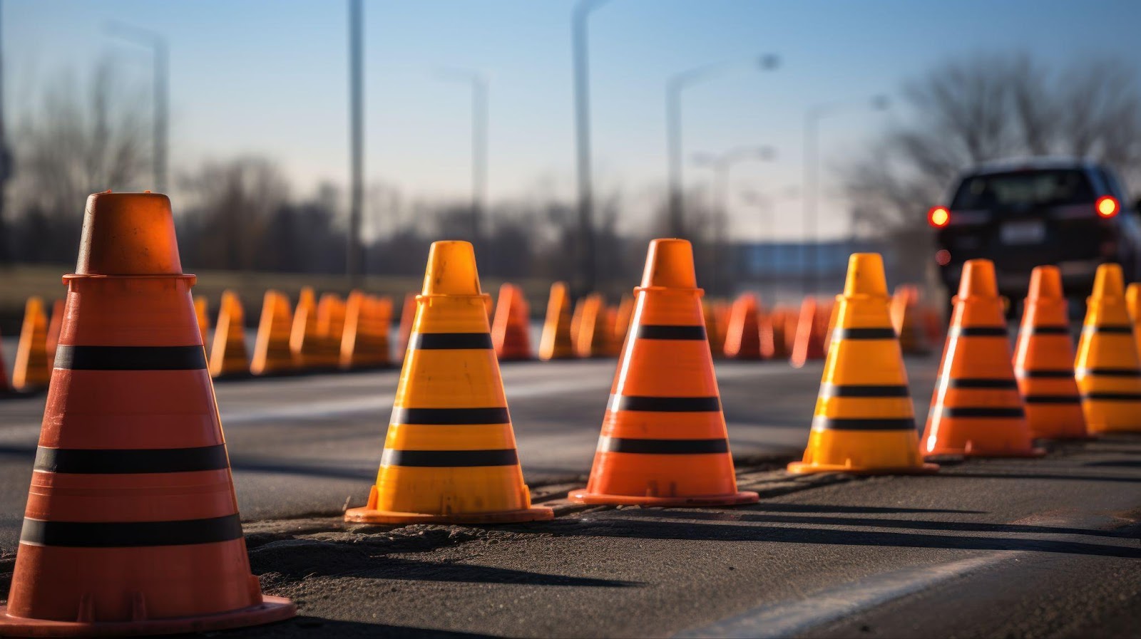 Orange traffic cones lining a highway work zone, marking off a construction area.