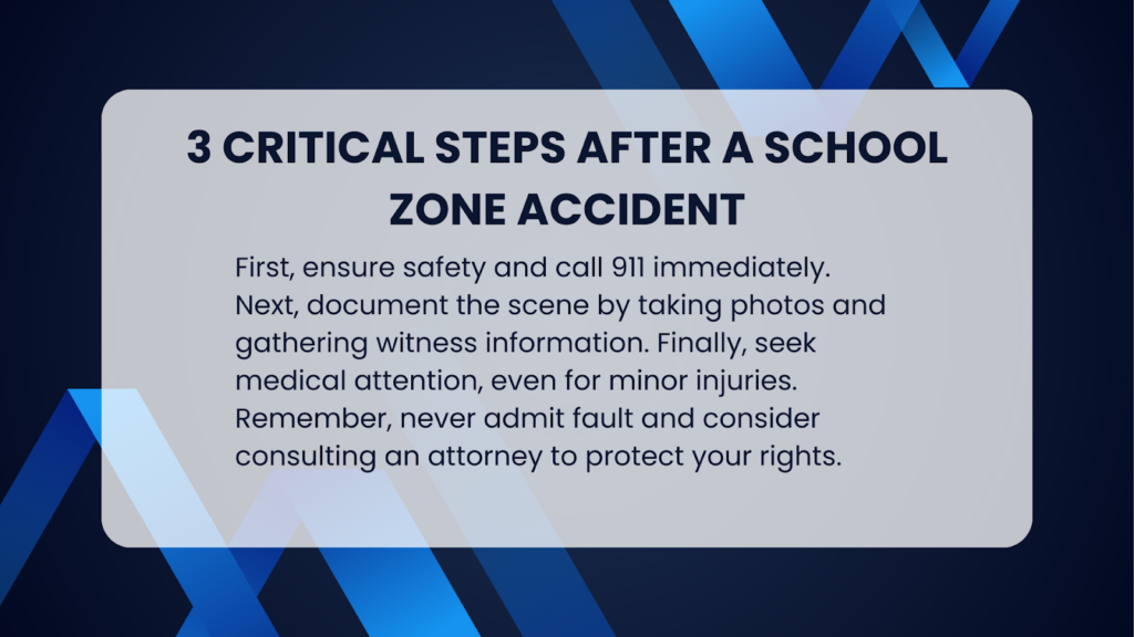 An infographic illustrating the 3 critical steps to take after a school zone accident in Alabama.