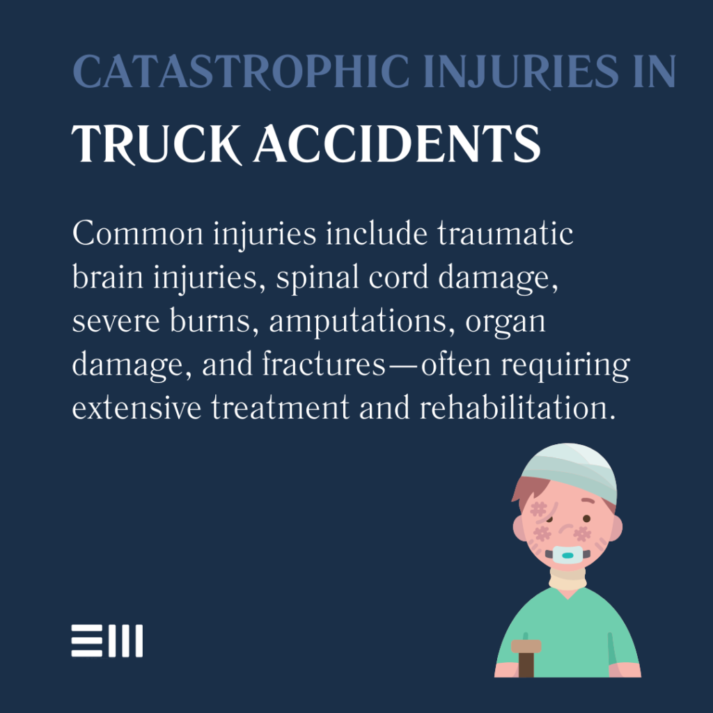 An infographic illustrating how catastrophic injuries can result from truck accidents and what some of those injuries are.