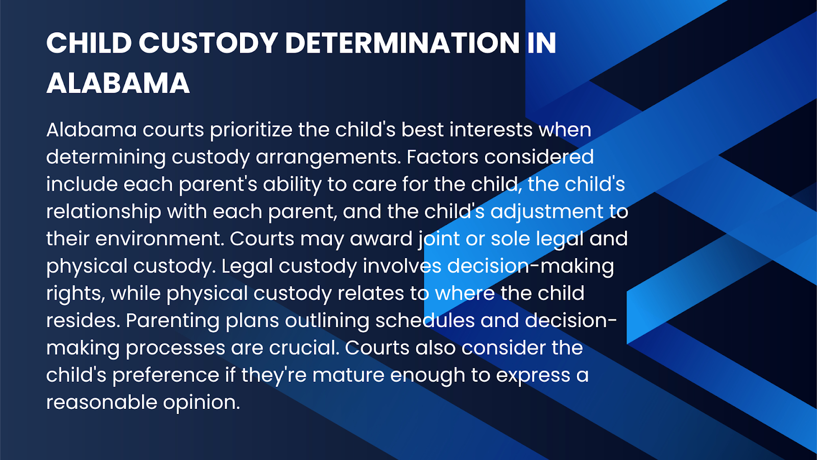 An infographic illustrating how child custody determination works in Alabama divorces.