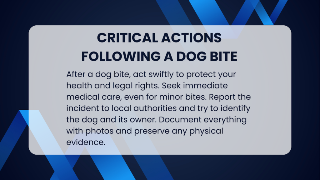 An infographic illustrating critical actions to follow after a dog bite in Alabama.