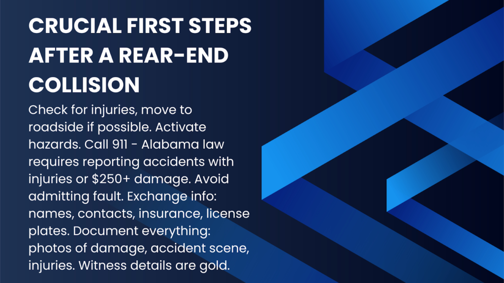 An infographic illustrating crucial first steps to take after a rear-end collision in Alabama.