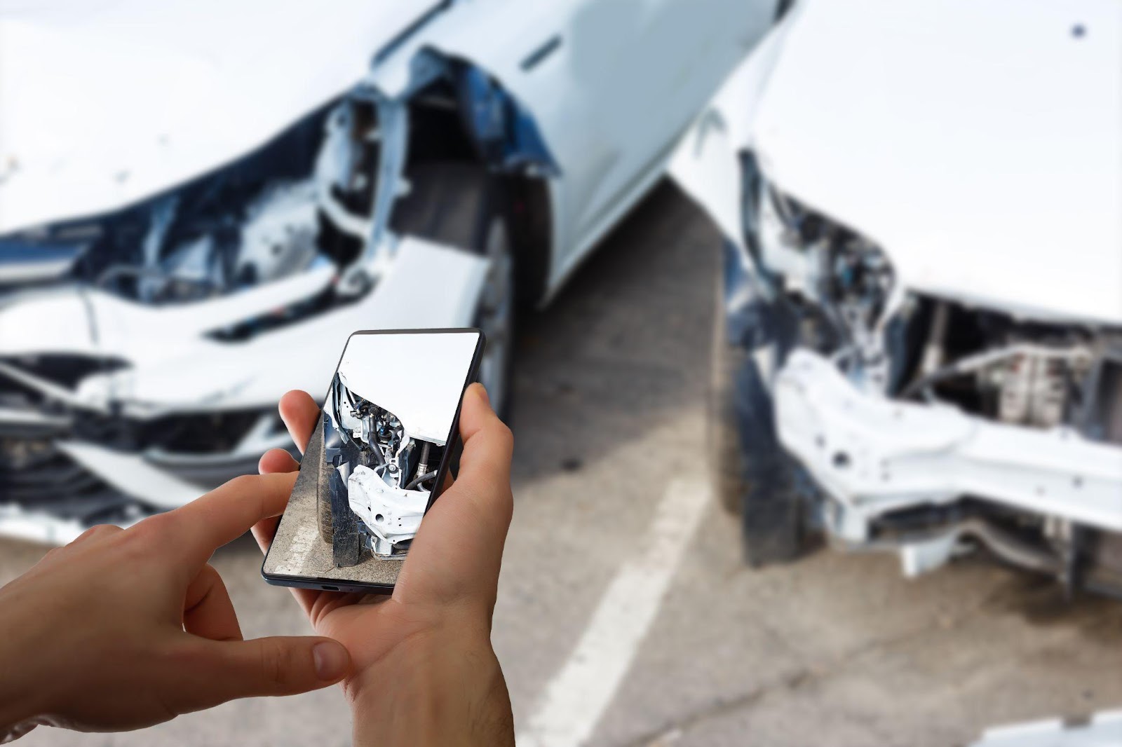 Close-up of a hand holding a smartphone, photographing damage to a car's rear bumper after a collision.