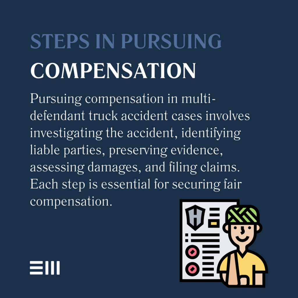 An infographic illustrating the steps that victims of truck accidents in Alabama can take to recover compensation.