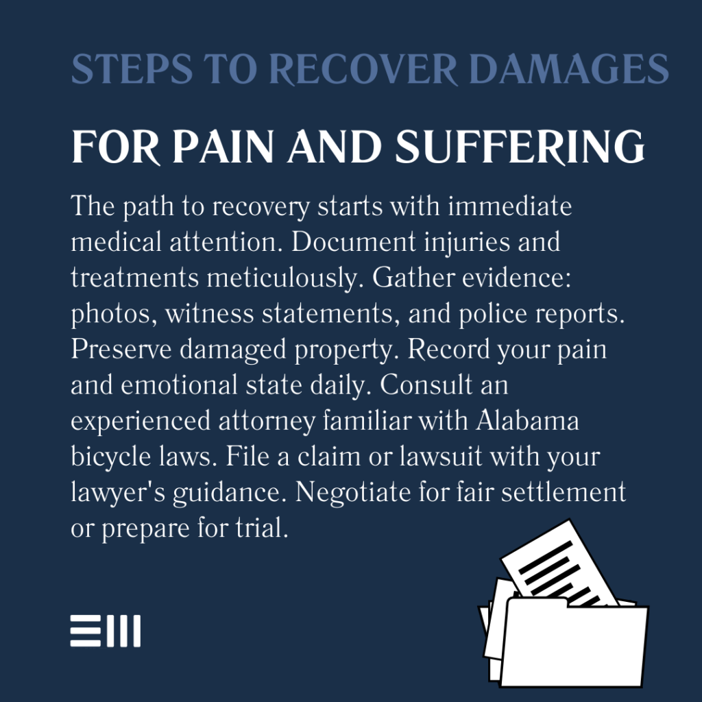 An infographic illustrating the steps you can take to recover pain and suffering damages for your bicycle accident case in Alabama.