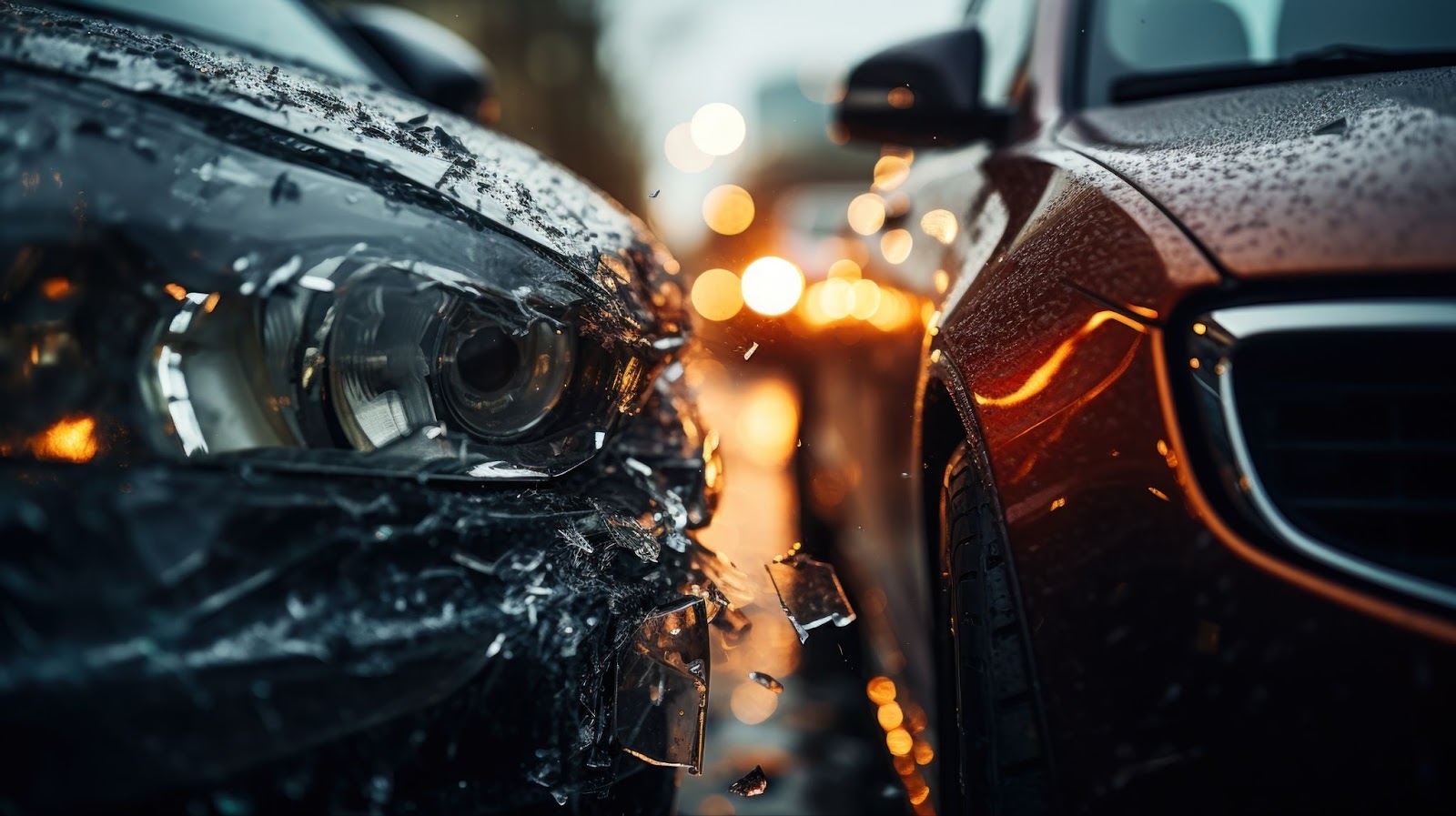 Close-up of T-bone collision: car's front crumpled against the side of another vehicle, shattered glass visible.