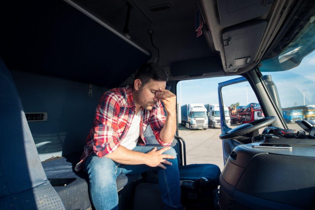 A truck driver sits inside the cabin, looking exhausted and stressed, possibly due to fatigue from long hours on the road.