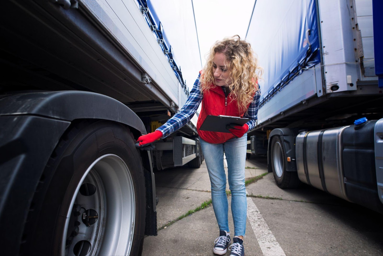 Person inspecting a truck for safety and maintenance to ensure it's roadworthy and compliant with regulations.