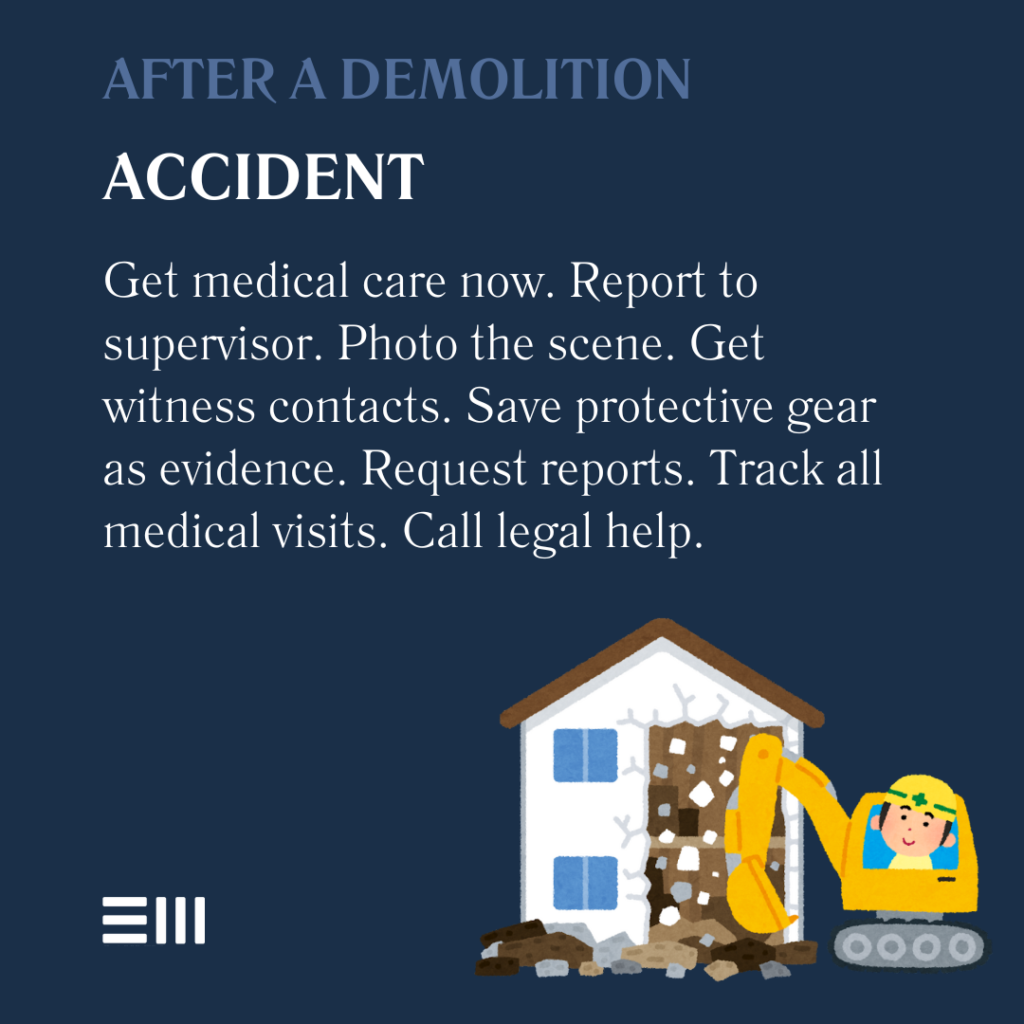 An infographic illustrating steps to take after a demolition accident in Alabama.