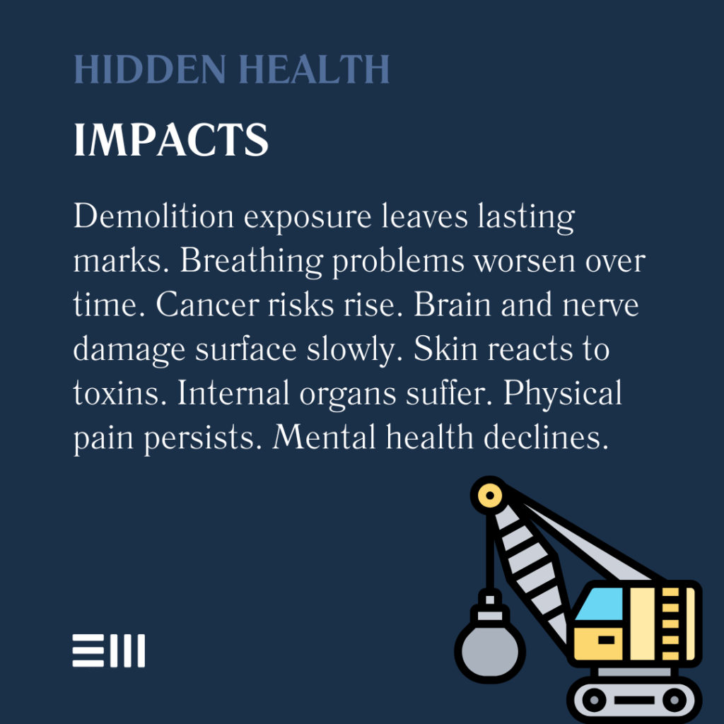 An infographic illustrating hidden health impacts to demolition exposures in Alabama.