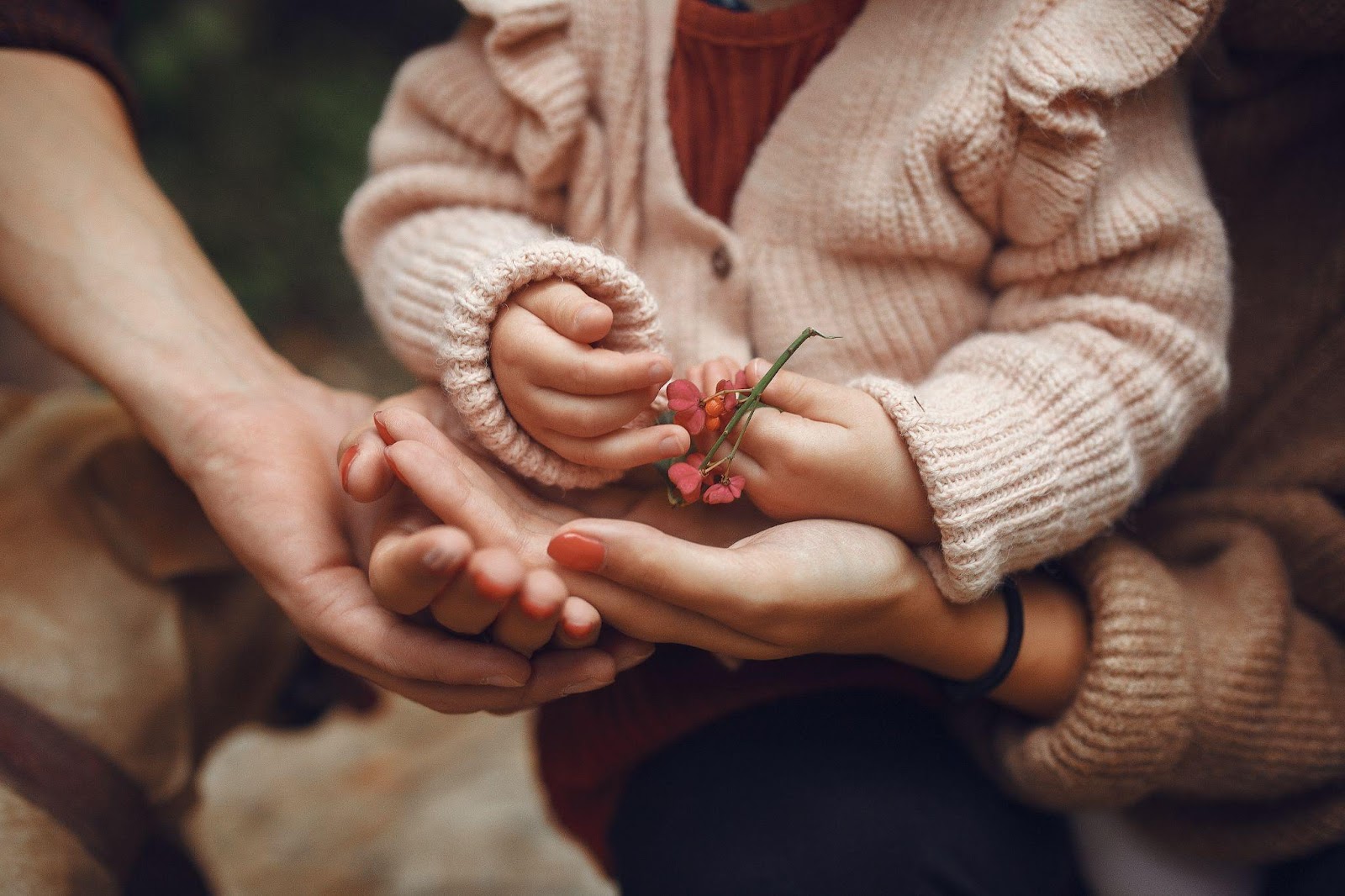 A family of three playing in an autumn field, their hands visible as they interact. The image symbolizes the emotional and legal aspects of terminating parental rights in the adoption process.