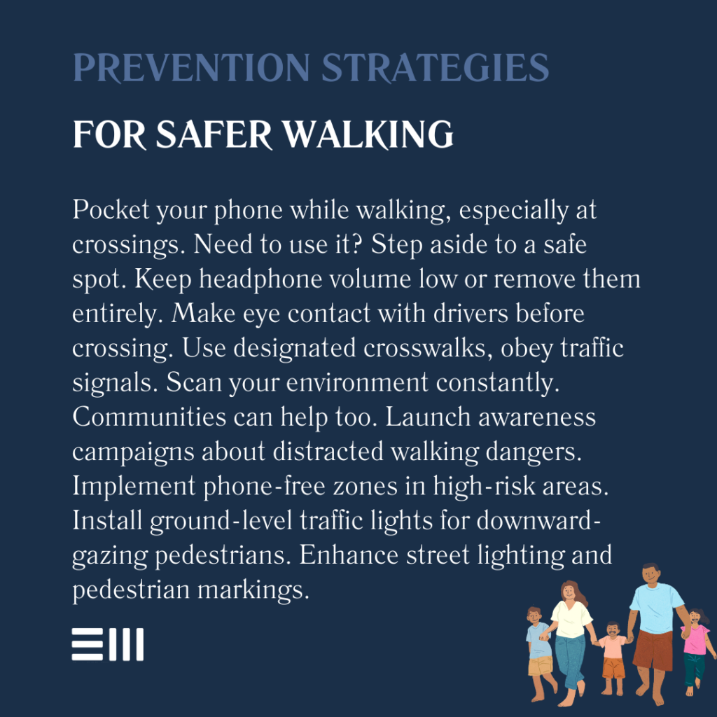 An infographic illustrating ways in which pedestrians can be safer on roads and avoid distractions.