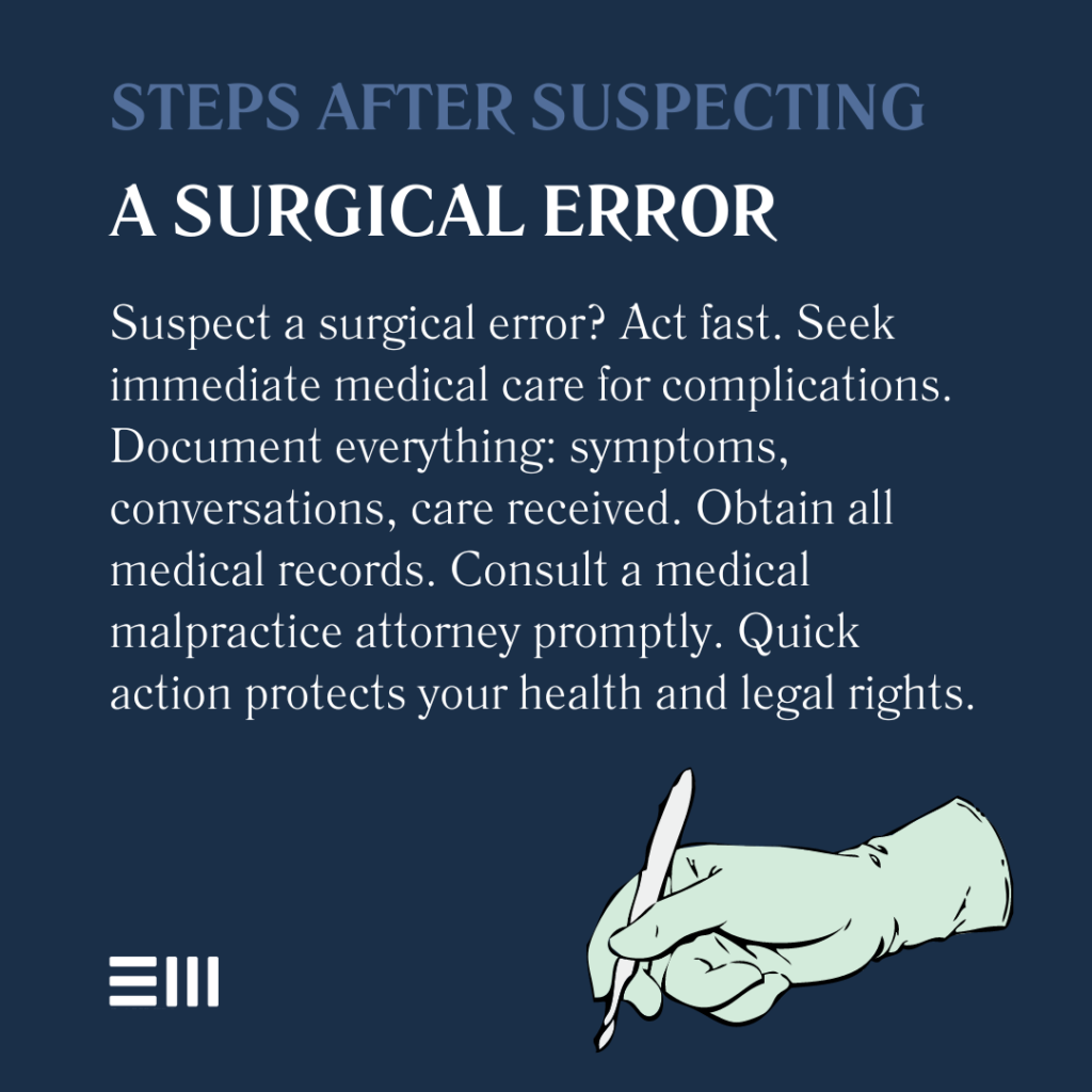 An infographic illustrating the steps that victims of surgical errors in Alabama can take for legal recourse.