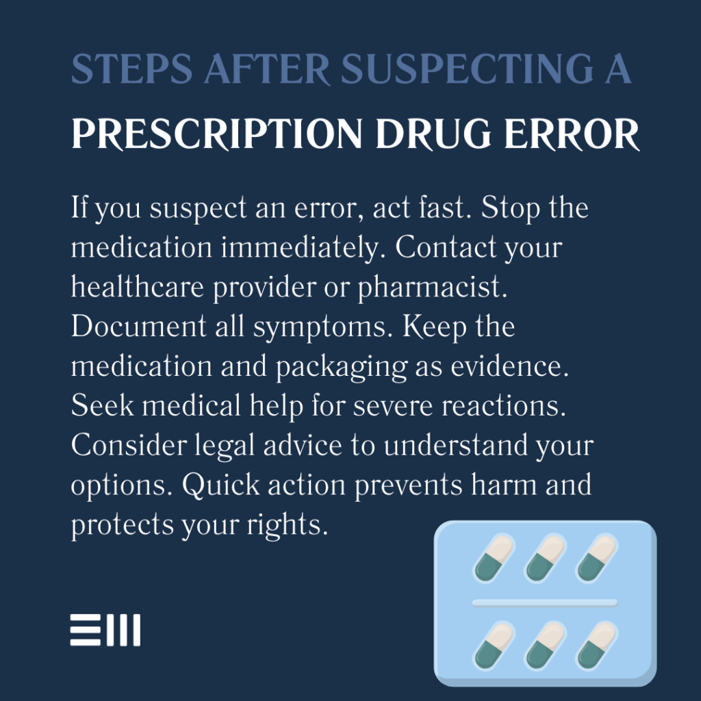 An infographic illustrating the steps to take after someone suspects a prescription drug error in Alabama.