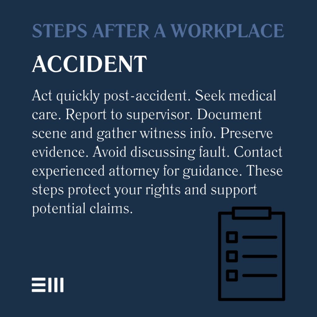 An infographic illustrating the steps you should take if you're injured in a workplace accident in Alabama.