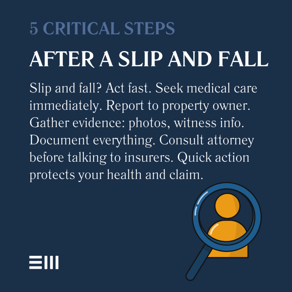 An infographic illustrating five critical steps to take after a slip-and-fall accident in Alabama.