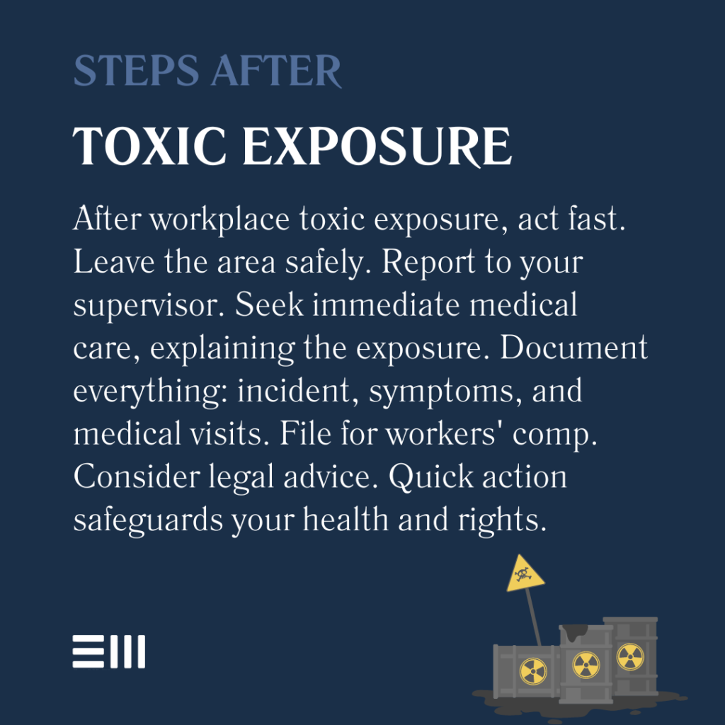 An infographic illustrating the steps to take after a toxic exposure occurs to a worker in Alabama.