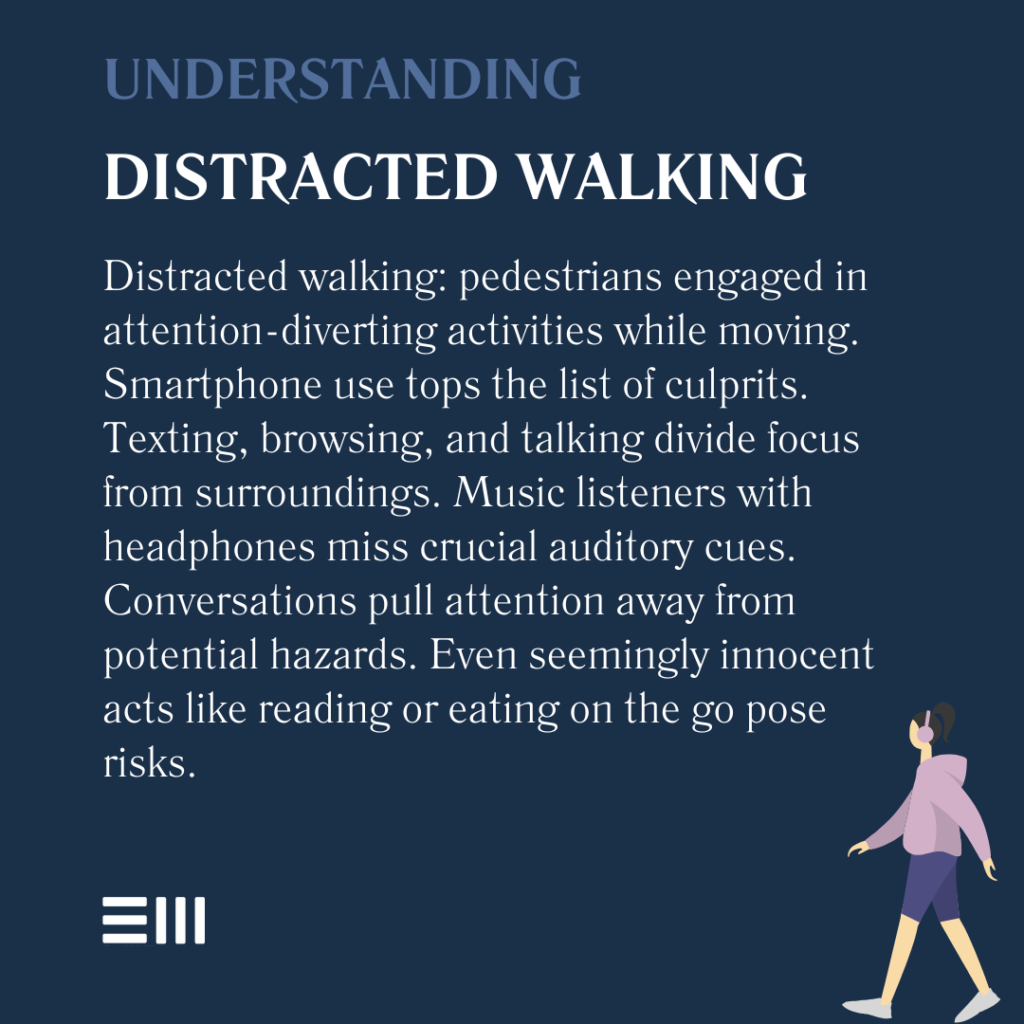 An infographic illustrating the types and pitfalls of distracted walking.