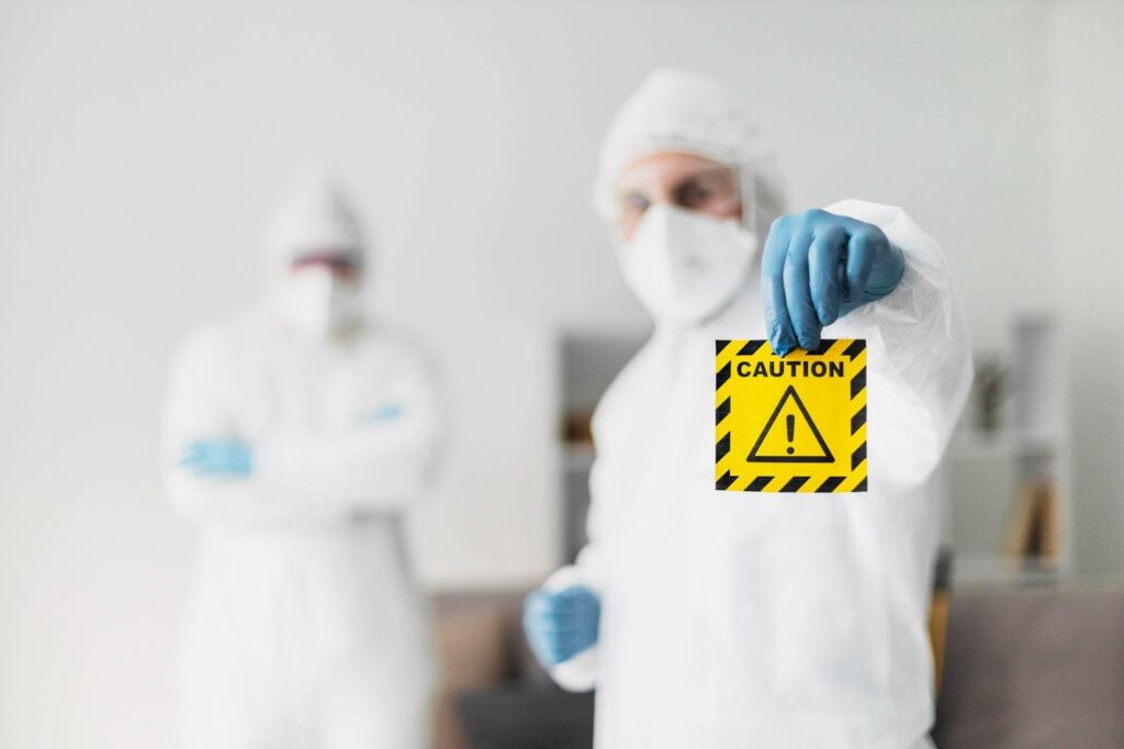 Two workers in protective hazmat suits holding a yellow caution sign, warning of potential workplace hazards.