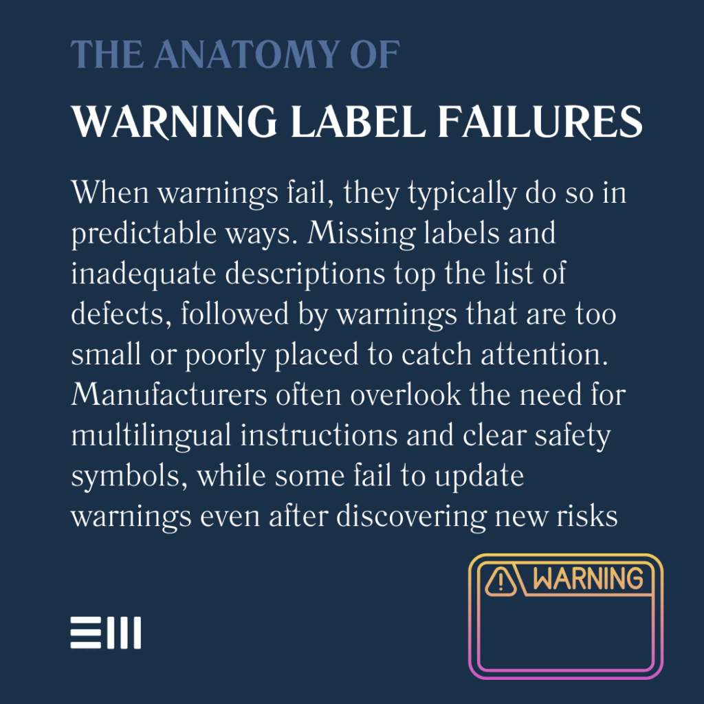 An infographic illustrating the anatomy of warning label failures in product liability cases in Alabama.