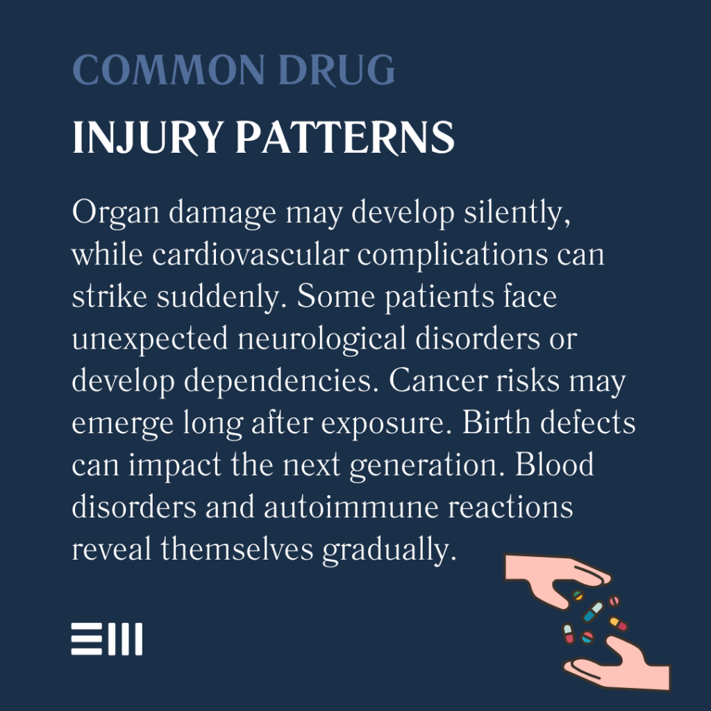 An infographic illustrating common drug injury patterns.