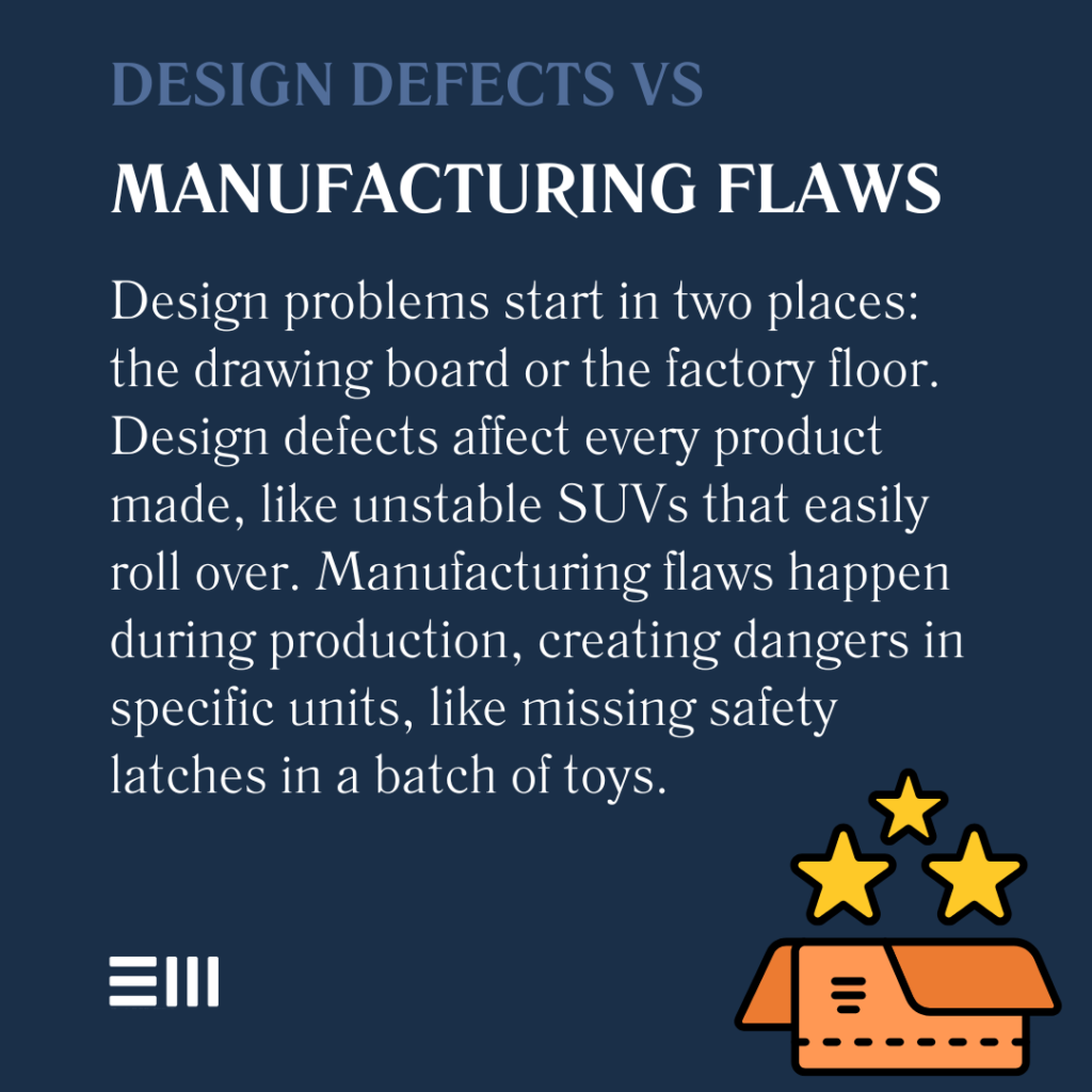 An infographic illustrating design defects vs manufacturing flaws in Alabama product liability cases.