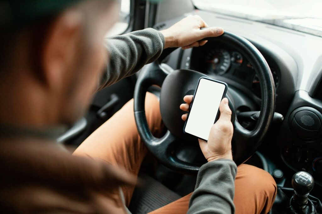 A person checking their phone while driving, illustrating the risks and legal consequences associated with distracted driving and liability determination in Alabama.