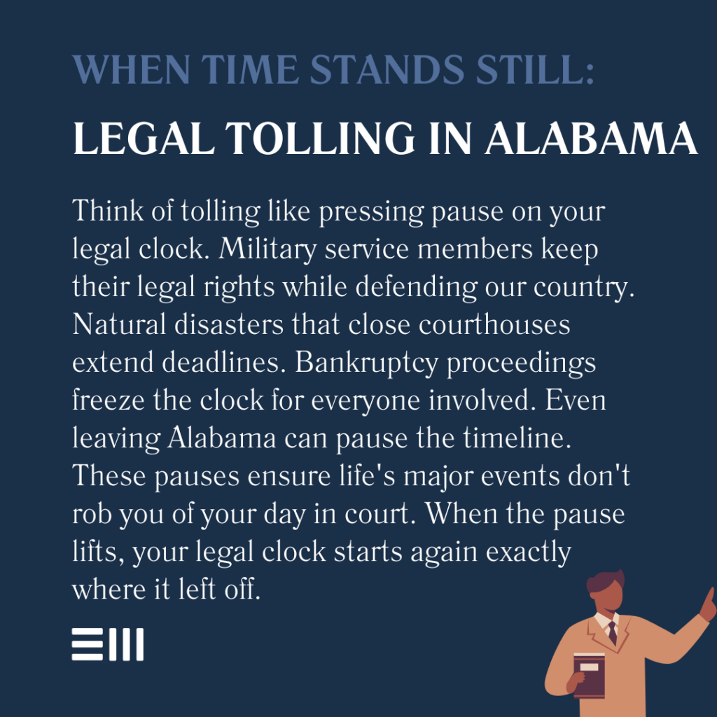 An infographic illustrating legal tolling in Alabama.