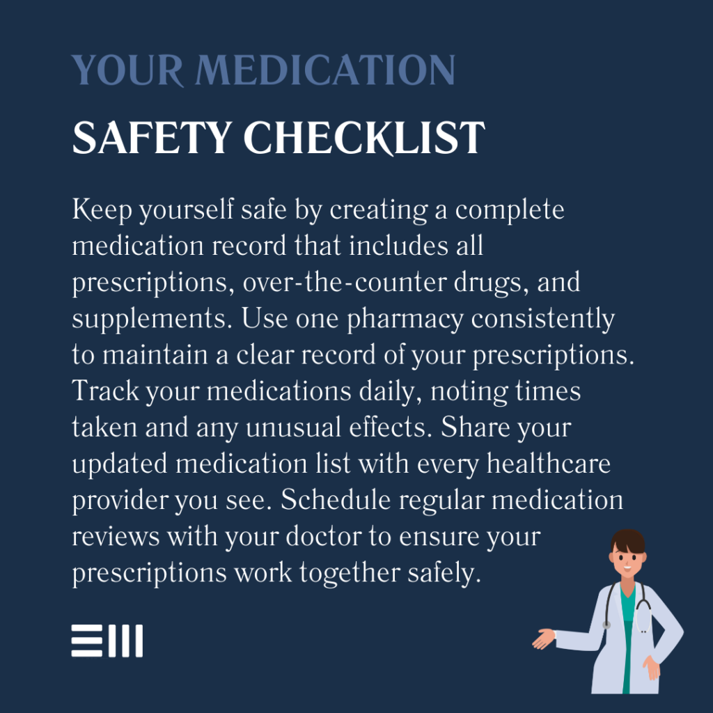 An infographic illustrating medication safety checklist.