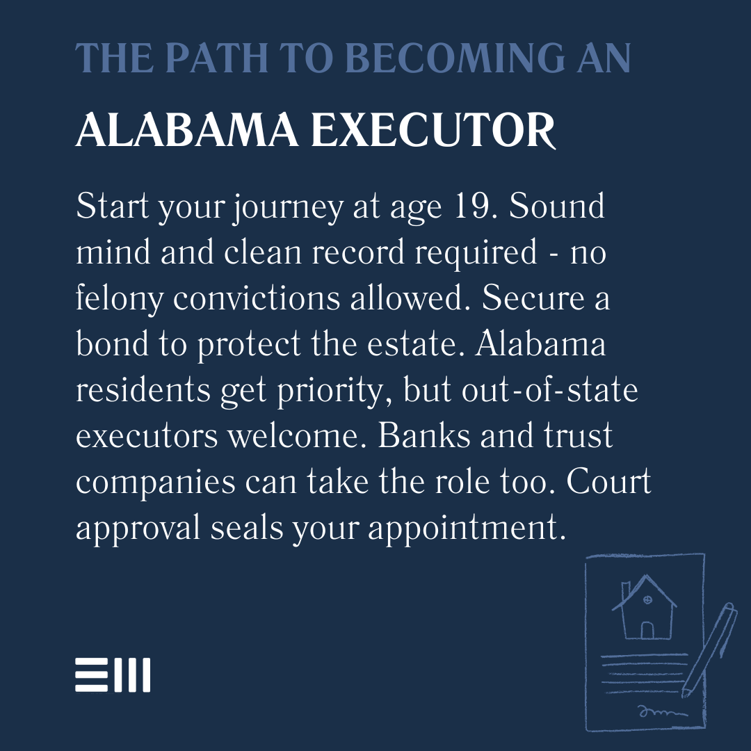 An infographic illustrating the path to becoming an Alabama executor.