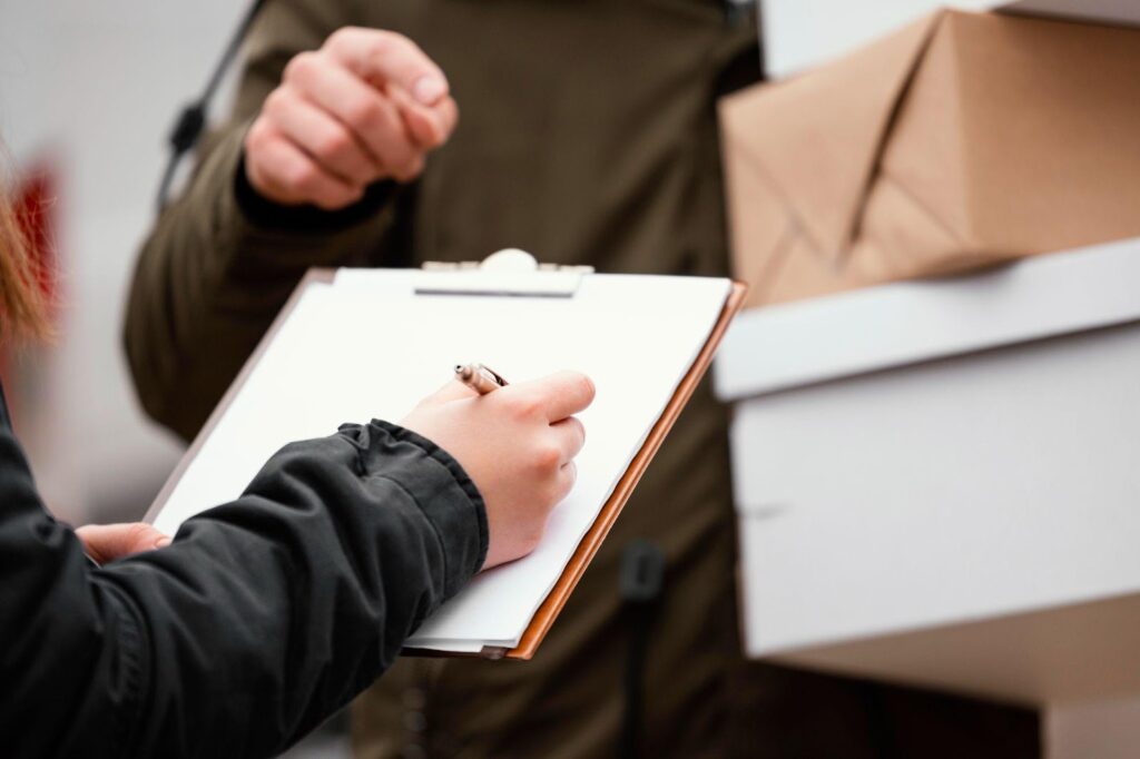 A person’s hand is shown signing a product return form, with the product nearby. The image highlights considerations of product liability, emphasizing the importance of accountability and consumer rights in cases of defective or unsafe products.