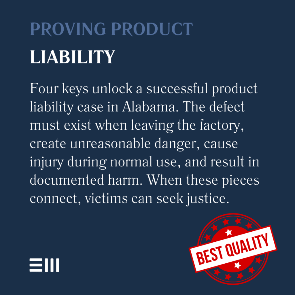 An infographic illustrating proving product liability in product defect cases in Alabama.