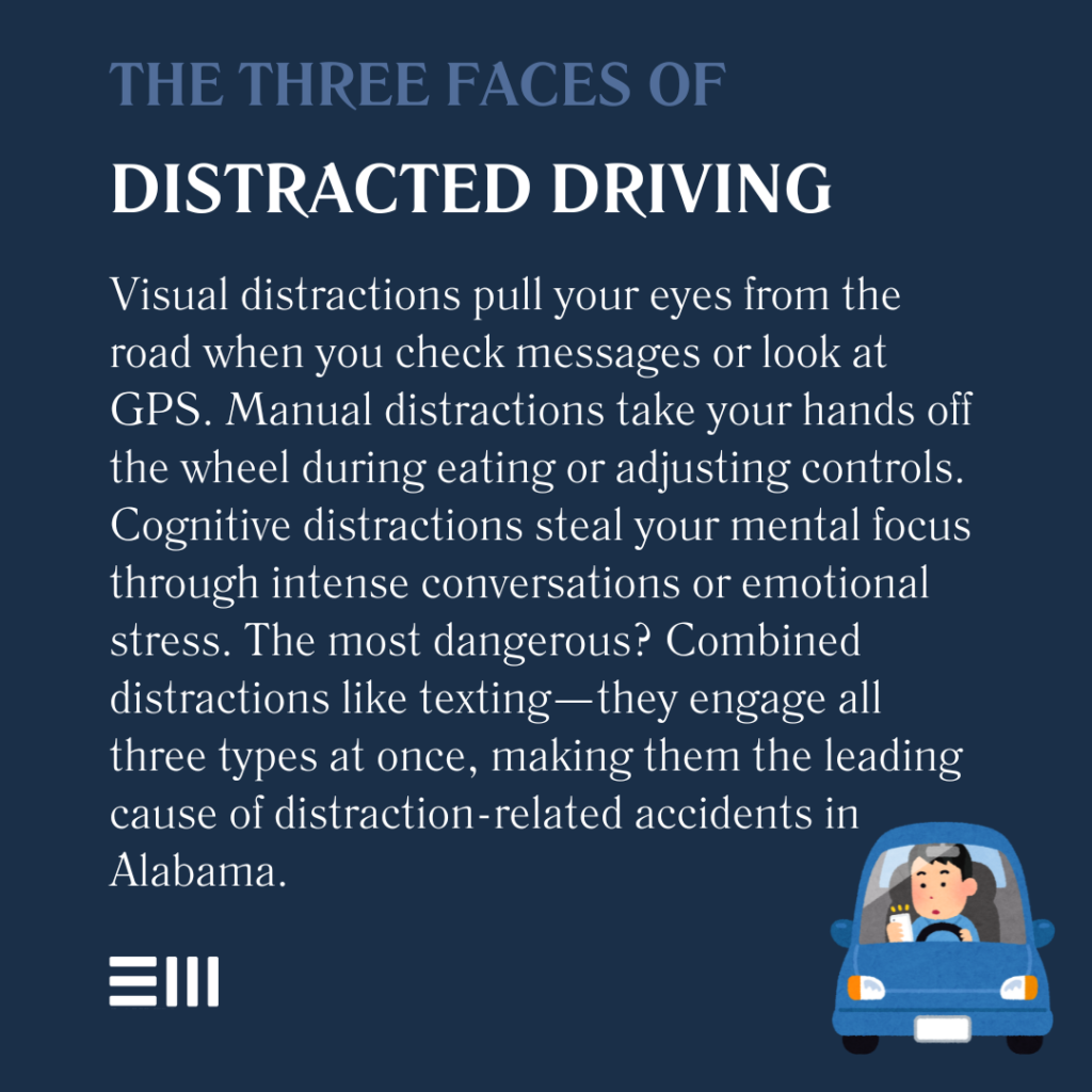 An infographic illustrating the three faces of distracted driving.