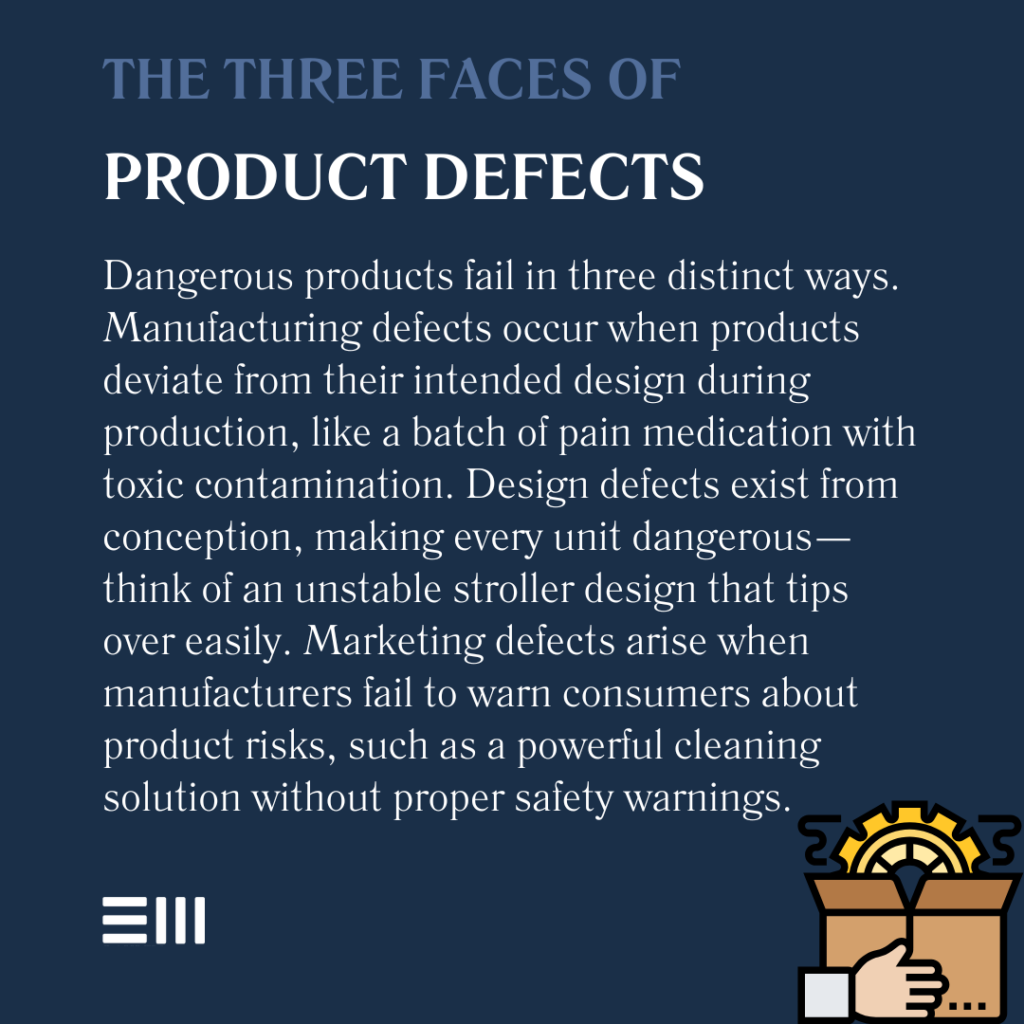 An infographic illustrating the three faces of product defects in Alabama.