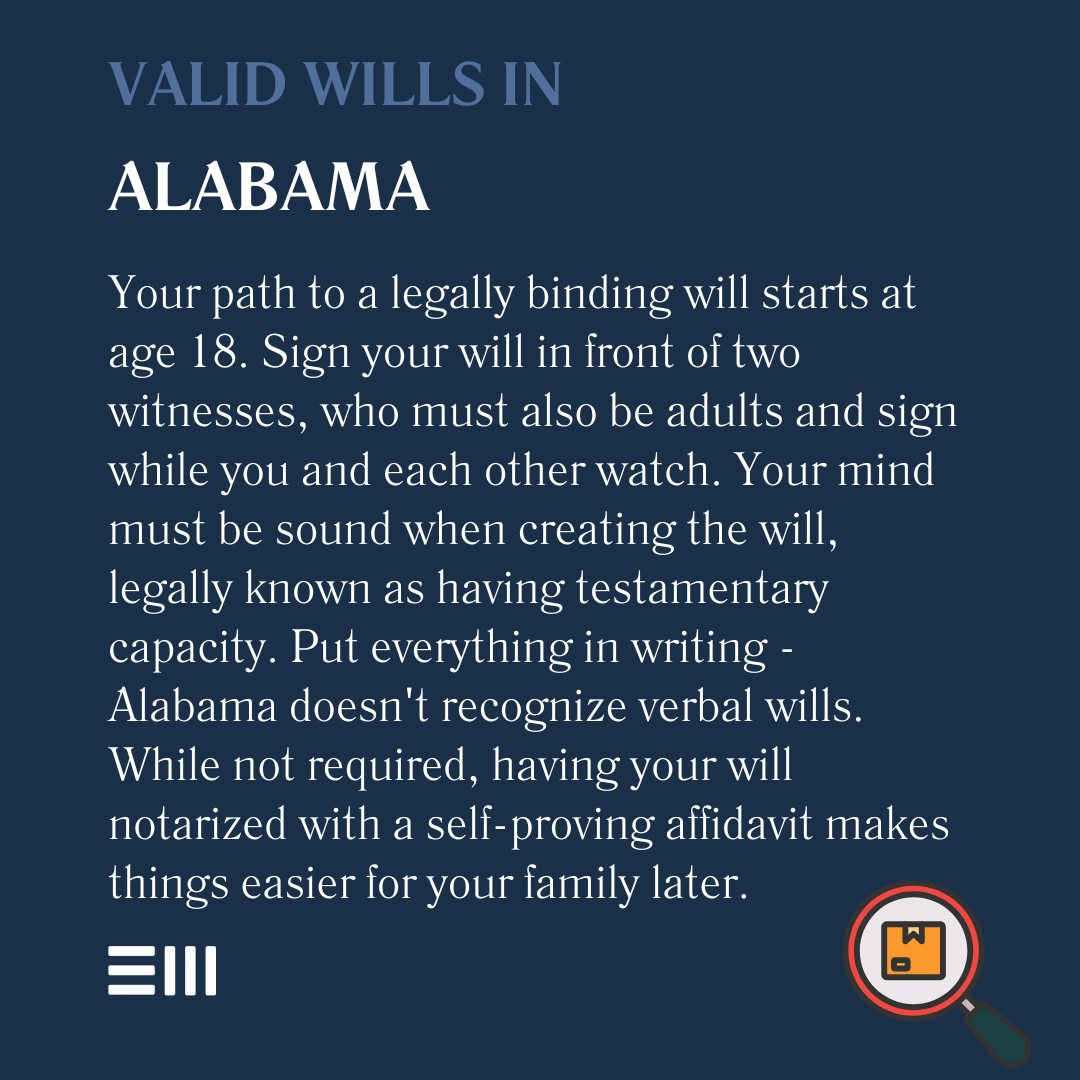 An infographic illustrating valid wills in Alabama.