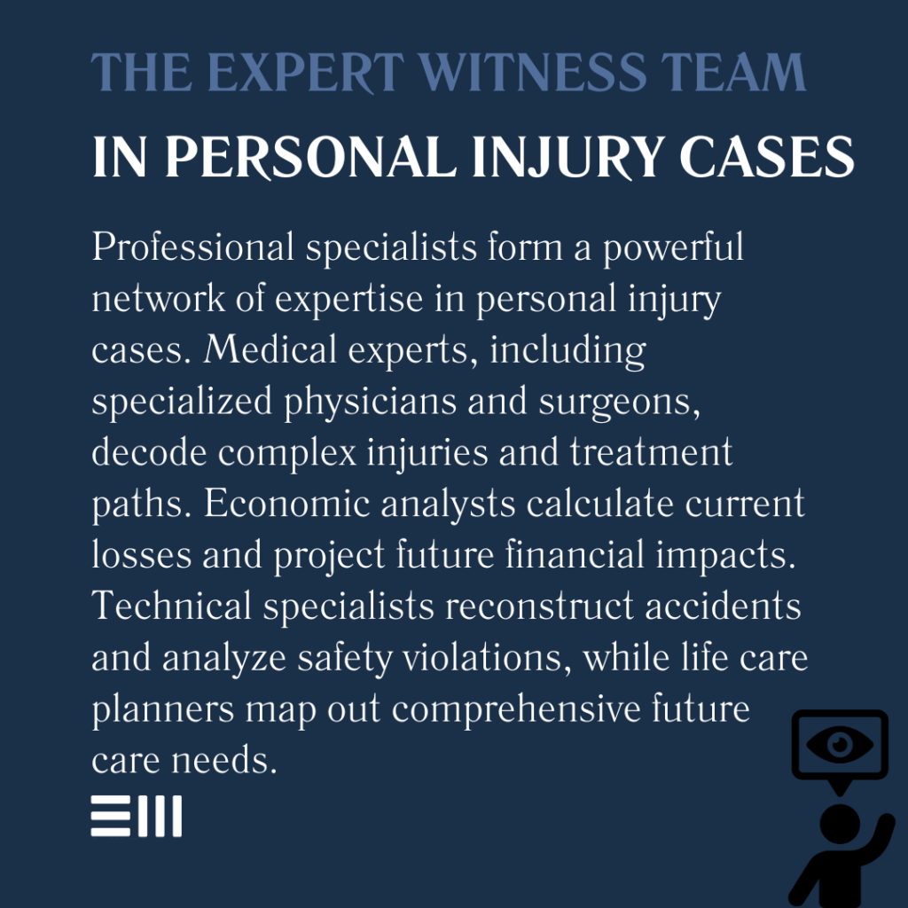 An infographic illustrating the expert witness team in personal injury cases.