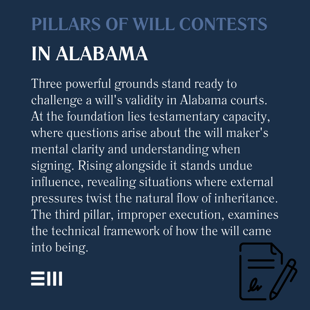 An infographic illustrating pillars of will contests in Alabama.