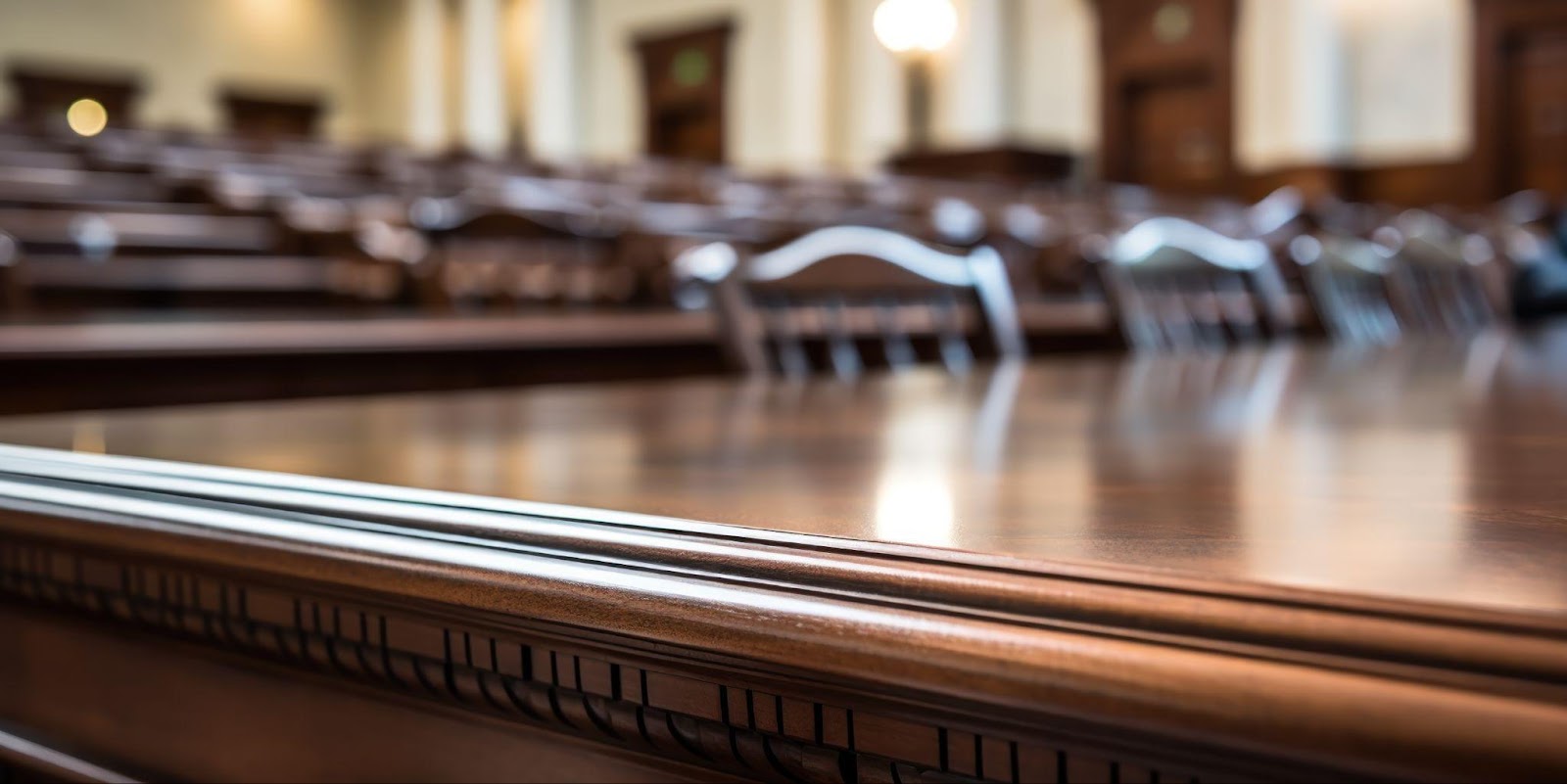 An empty courtroom with neatly arranged chairs and a judge’s bench, symbolizing the formal setting of legal proceedings. This image relates to preparing for trial, emphasizing the importance of courtroom etiquette and effective presentation skills for a successful case.