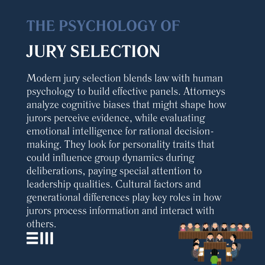 An infographic illustrating the psychology of jury selection.