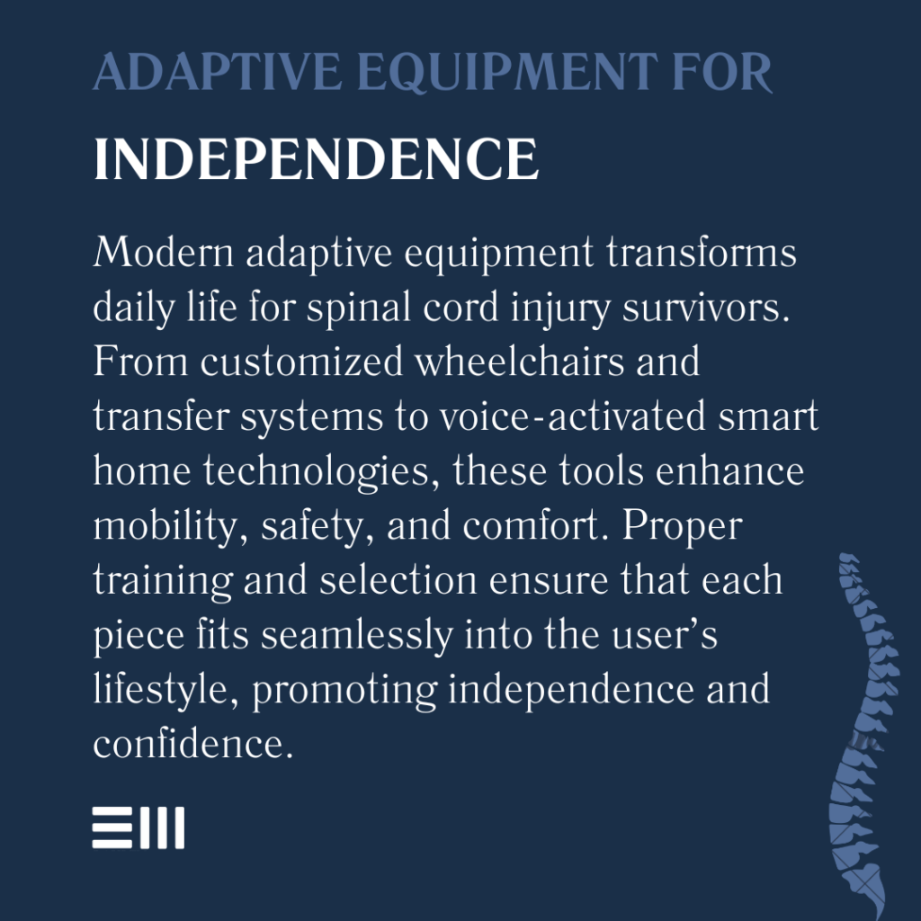 An infographic illustrating adaptive equipment for independence.