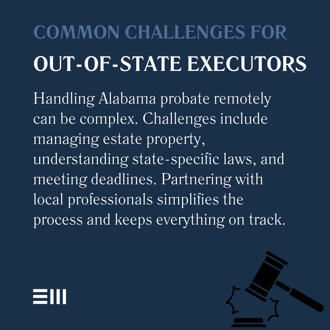 An infographic illustrating common challenges for out-of-state executors.