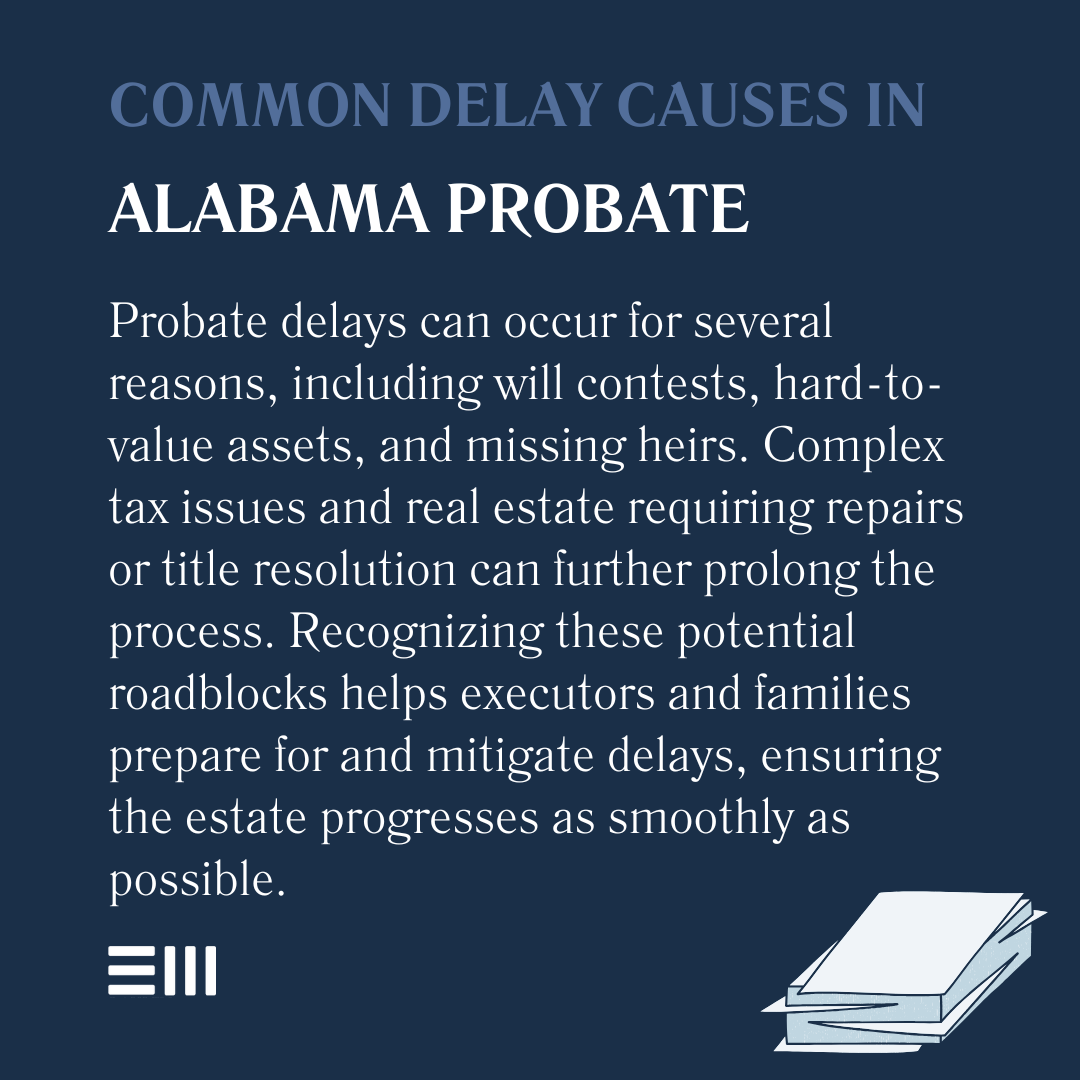 An infographic illustrating common delay causes in Alabama probate.