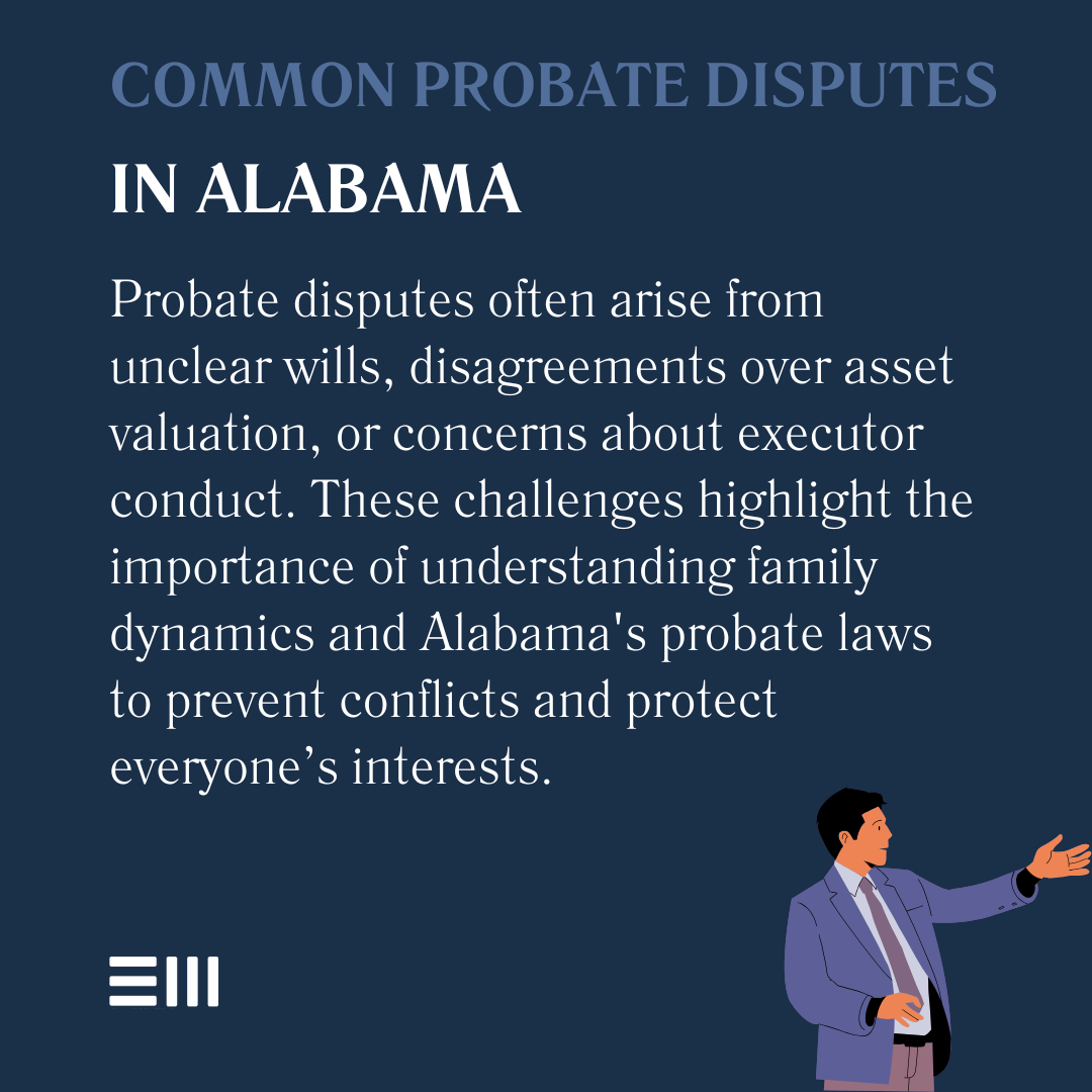 An infographic illustrating common probate disputes in Alabama.