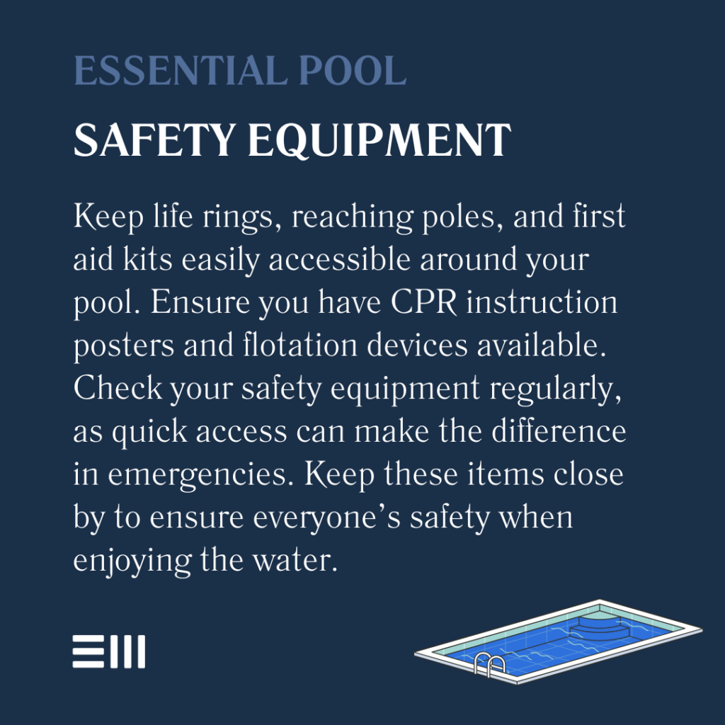 An infographic illustrating essential pool safety equipment.