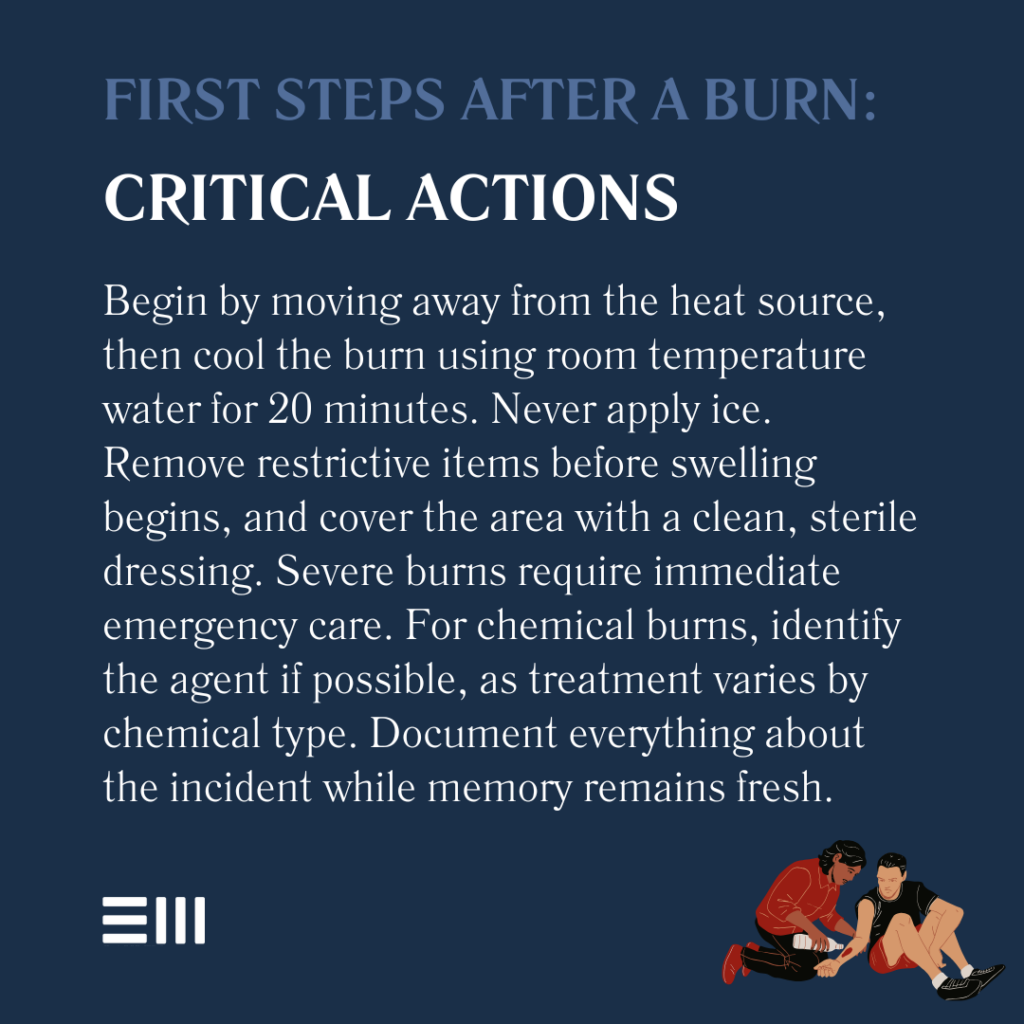 An infographic illustrating first steps after a burn.