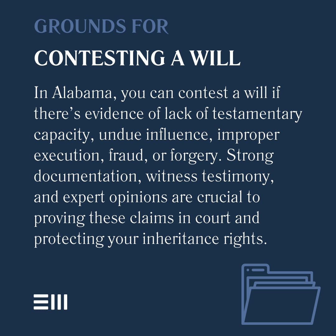 An infographic illustrating grounds for contesting a will in Alabama.