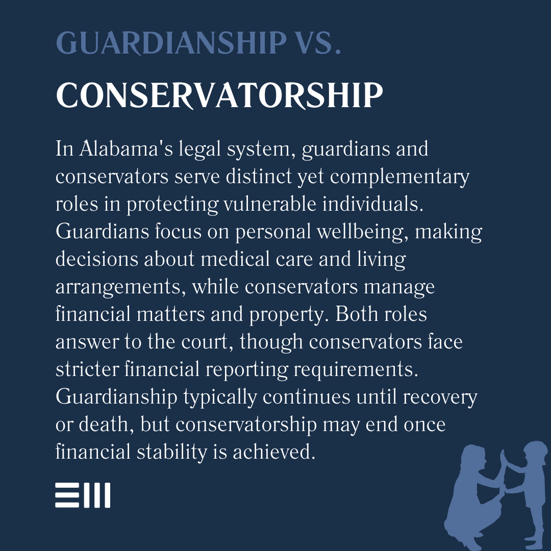 An infographic illustrating guardianship vs. conservatorship.